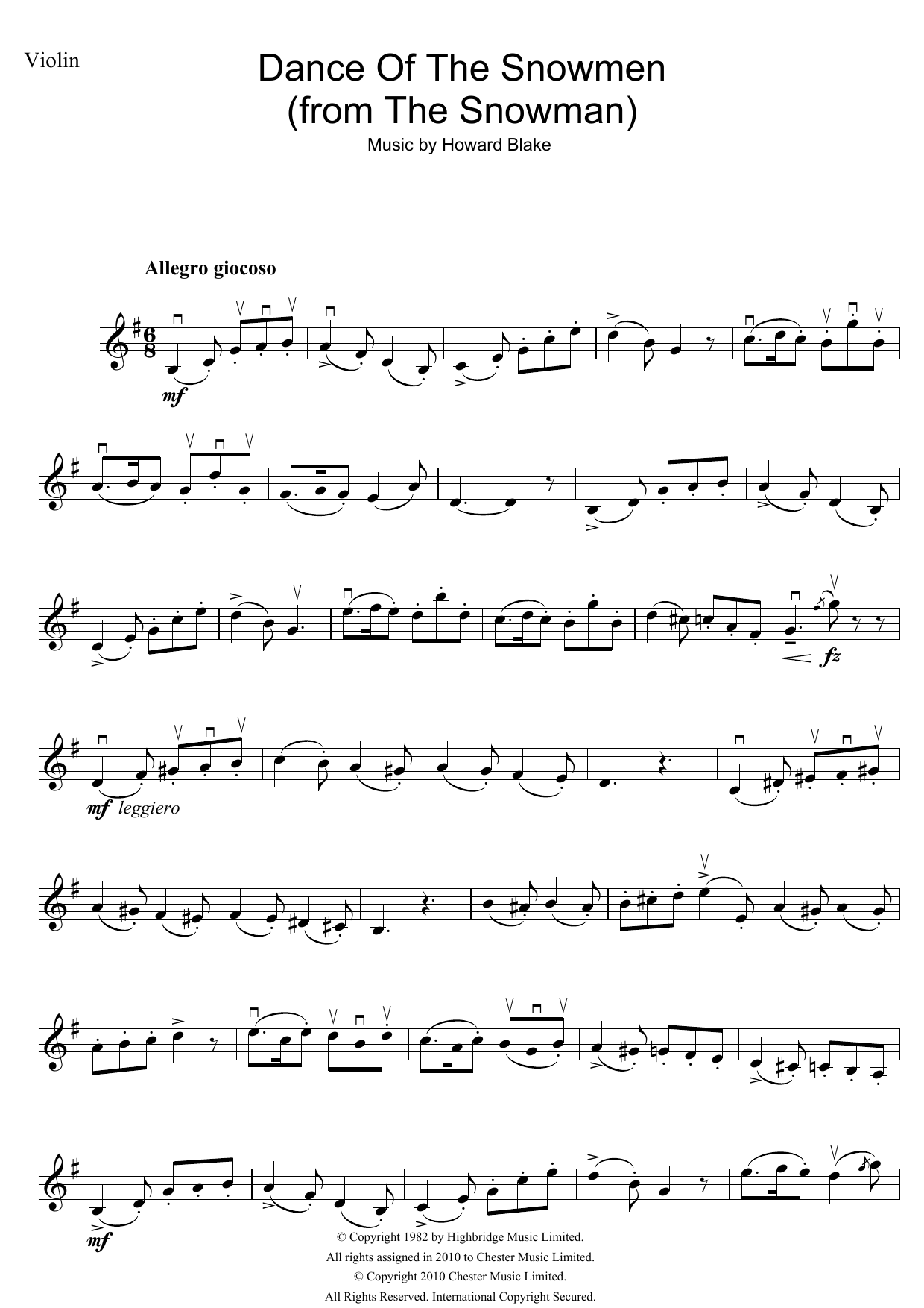 Howard Blake Dance Of The Snowmen (from The Snowman) sheet music notes and chords arranged for Violin Solo