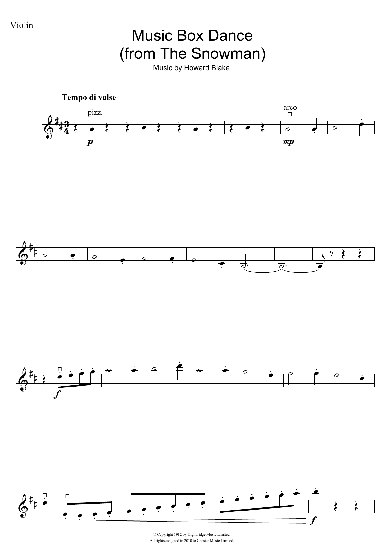 Howard Blake Music Box Dance (from The Snowman) sheet music notes and chords arranged for Violin Solo