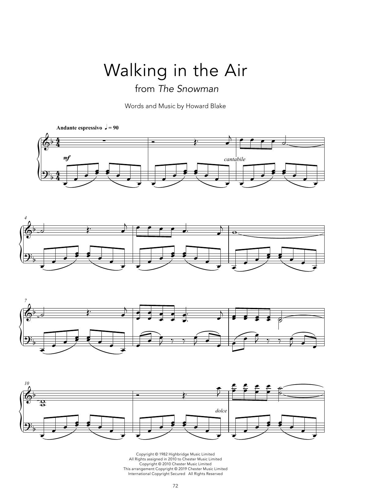 Howard Blake Walking In The Air [Peaceful version] sheet music notes and chords arranged for Piano Solo