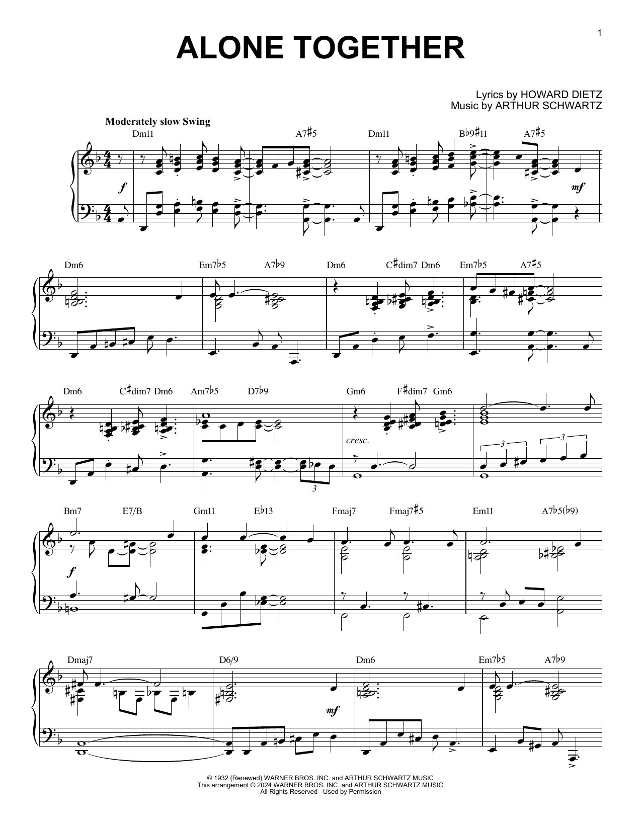 Howard Dietz Alone Together (arr. Brent Edstrom) sheet music notes and chords arranged for Piano Solo