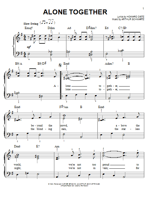 Howard Dietz Alone Together sheet music notes and chords arranged for Piano, Vocal & Guitar Chords (Right-Hand Melody)