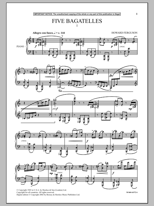 Howard Ferguson Five Bagatelles (I) sheet music notes and chords arranged for Piano Solo