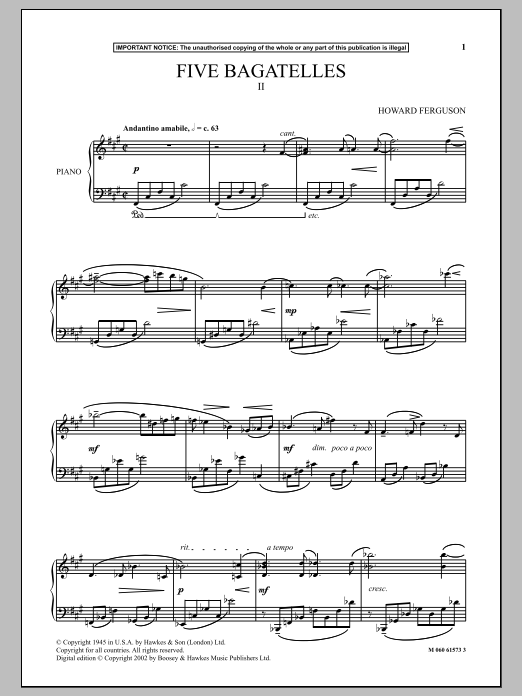 Howard Ferguson Five Bagatelles (II) sheet music notes and chords arranged for Piano Solo