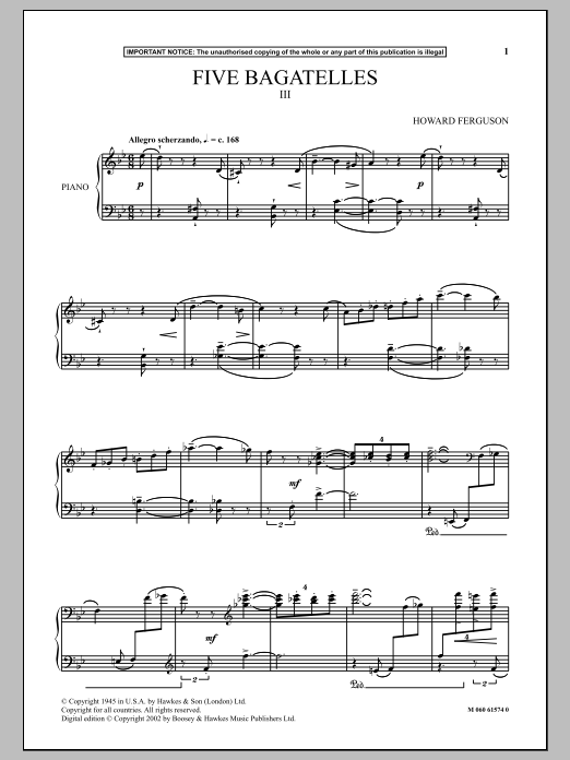 Howard Ferguson Five Bagatelles (III) sheet music notes and chords arranged for Piano Solo
