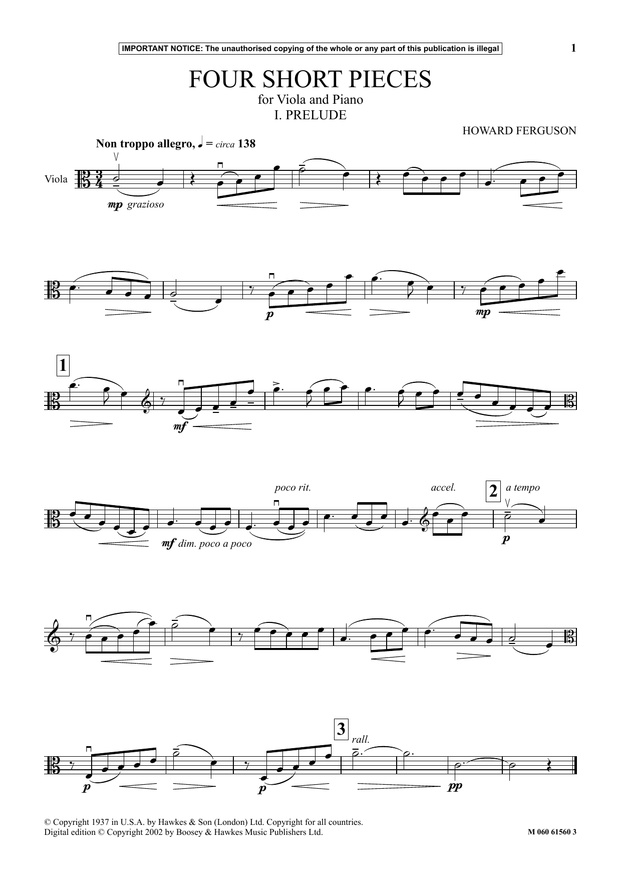 Howard Ferguson I. Prelude (from Four Short Pieces For Viola And Piano) sheet music notes and chords arranged for Instrumental Solo