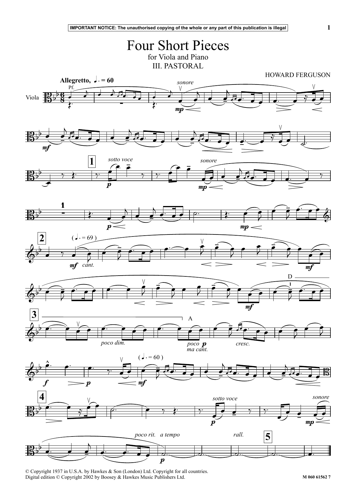 Howard Ferguson III. Pastoral (from Four Short Pieces For Viola And Piano) sheet music notes and chords arranged for Instrumental Solo