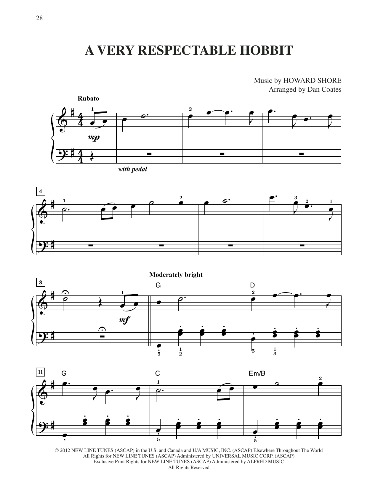 Howard Shore A Very Respectable Hobbit (from The Hobbit: An Unexpected Journey) (arr. Dan Coates) sheet music notes and chords arranged for Easy Piano