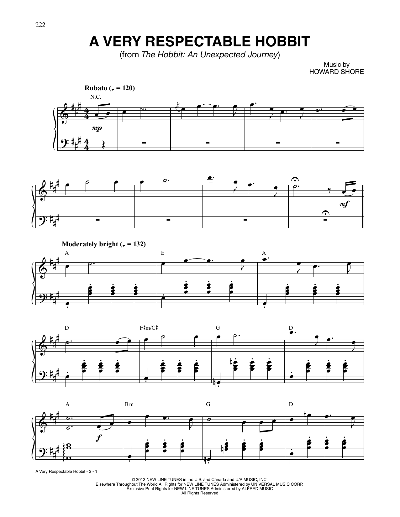 Howard Shore A Very Respectable Hobbit (from The Hobbit: An Unexpected Journey) sheet music notes and chords arranged for Piano Solo