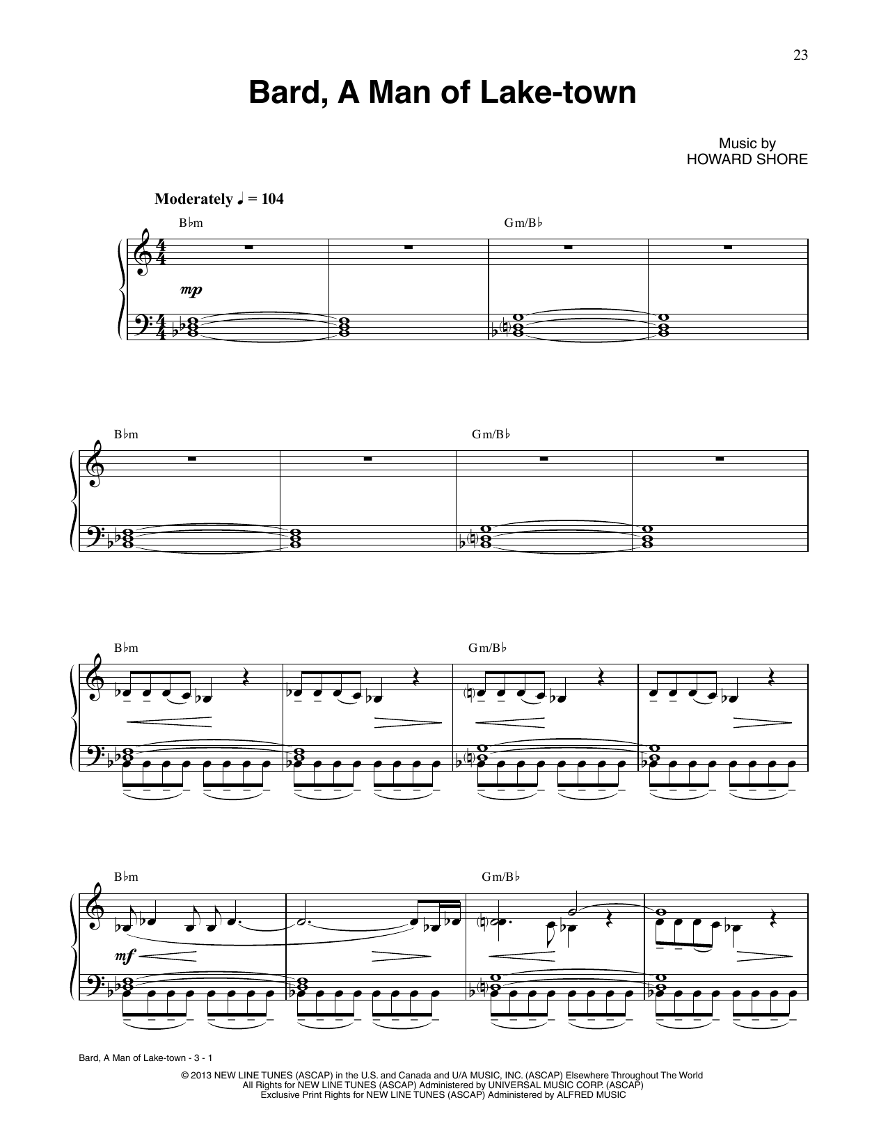 Howard Shore Bard, A Man Of Lake-Town (from The Hobbit: The Desolation of Smaug) sheet music notes and chords arranged for Piano Solo