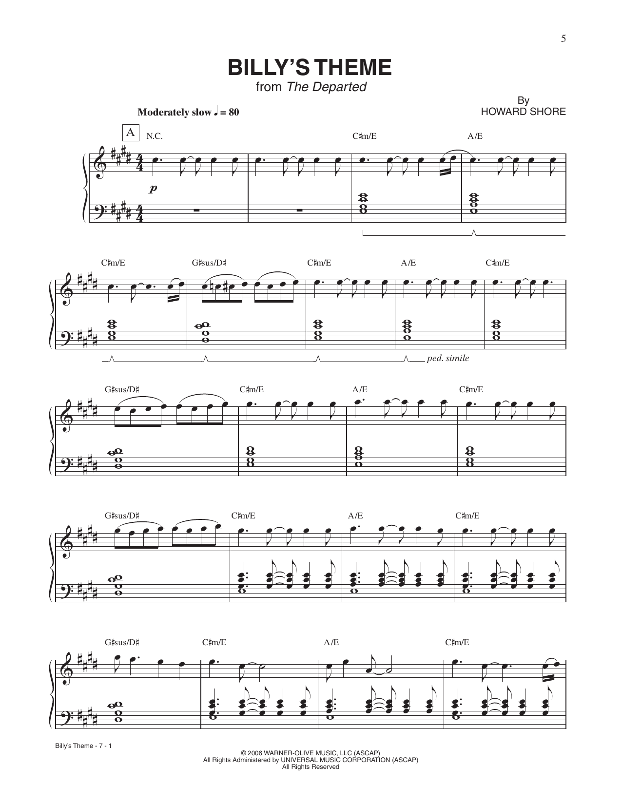 Howard Shore Billy's Theme (from The Departed) sheet music notes and chords arranged for Piano Solo