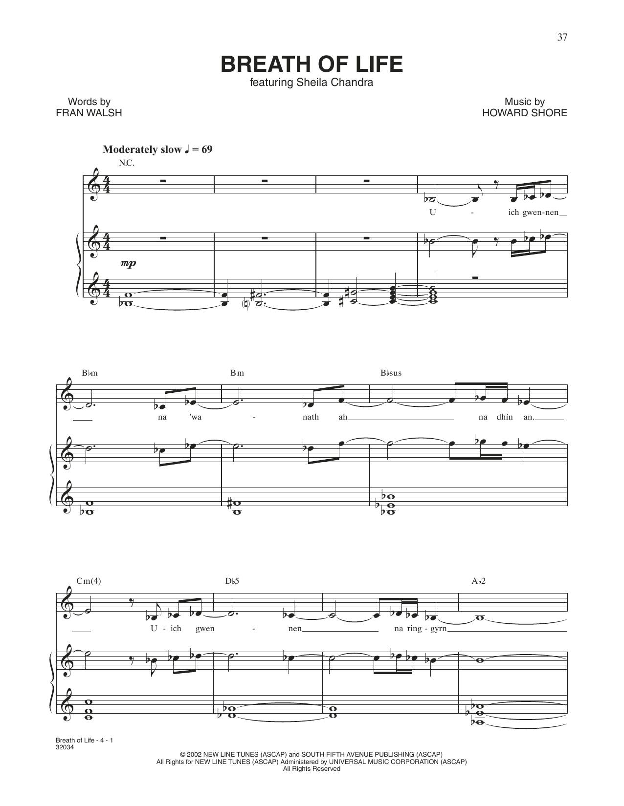 Howard Shore Breath Of Life (from The Lord Of The Rings: The Two Towers) sheet music notes and chords arranged for Piano & Vocal