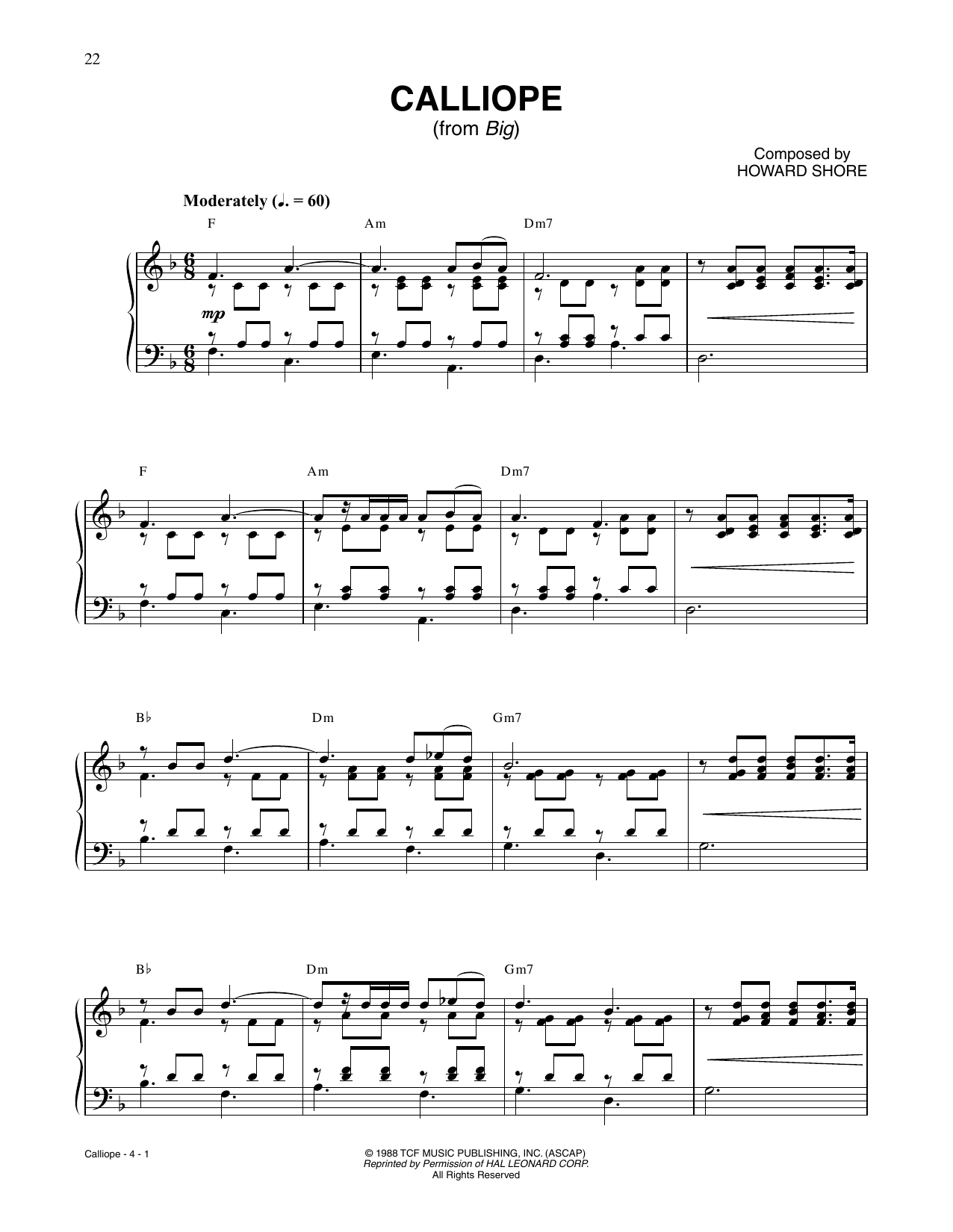 Howard Shore Calliope (from Big) sheet music notes and chords arranged for Piano Solo