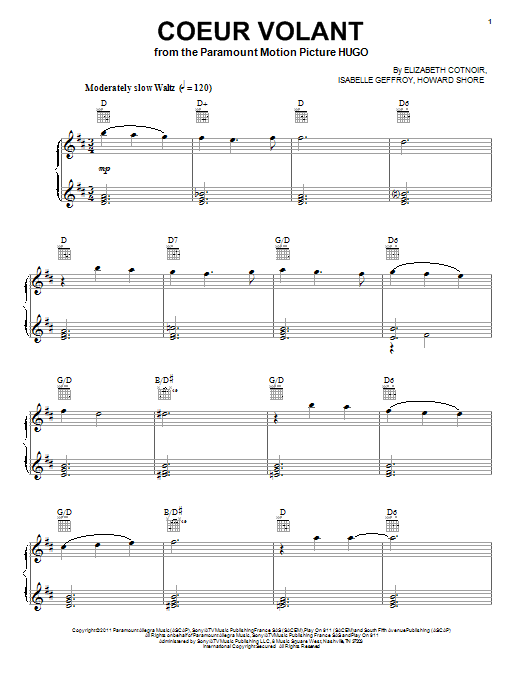 Howard Shore Coeur Volant sheet music notes and chords arranged for Piano, Vocal & Guitar Chords (Right-Hand Melody)