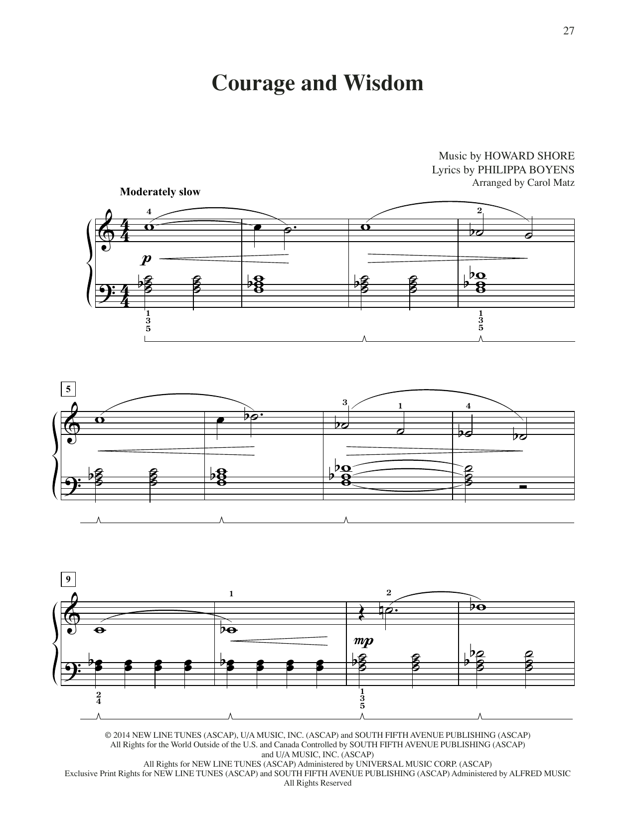 Howard Shore Courage And Wisdom (from The Hobbit: The Battle of the Five Armies) (arr. Carol Matz) sheet music notes and chords arranged for Big Note Piano
