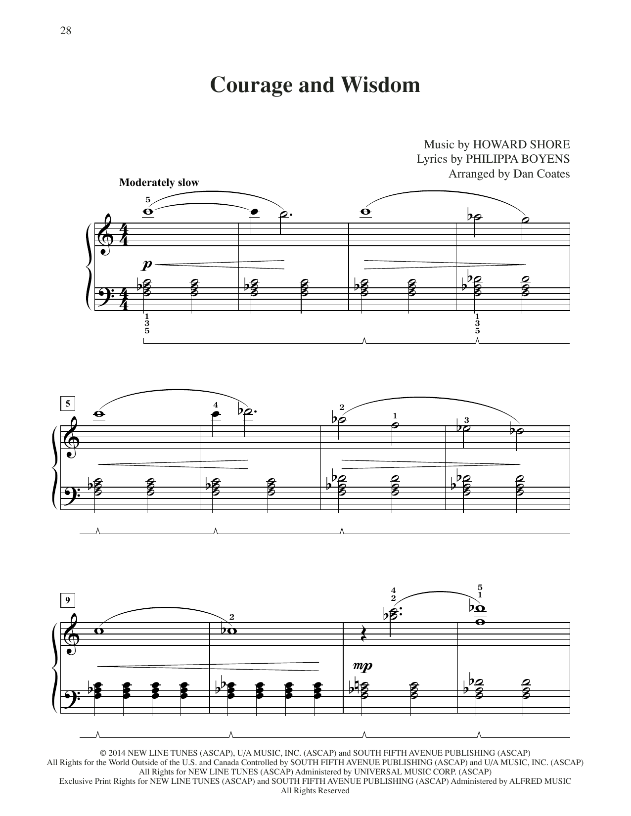 Howard Shore Courage And Wisdom (from The Hobbit: The Battle of the Five Armies) (arr. Dan Coates) sheet music notes and chords arranged for Easy Piano