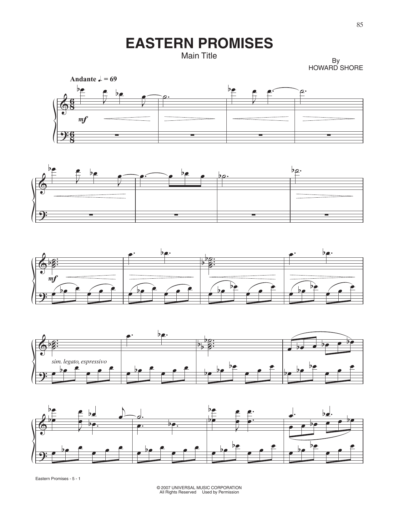 Howard Shore Eastern Promises sheet music notes and chords arranged for Piano Solo