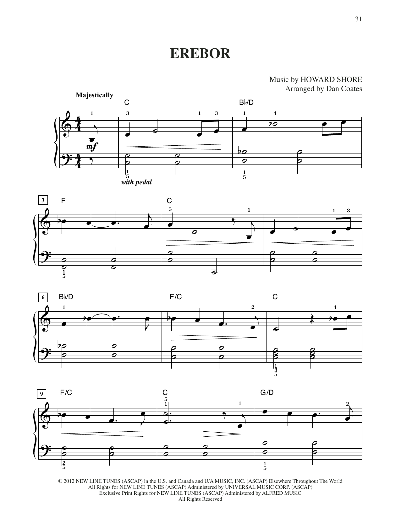 Howard Shore Erebor (from The Hobbit: An Unexpected Journey) (arr. Dan Coates) sheet music notes and chords arranged for Easy Piano