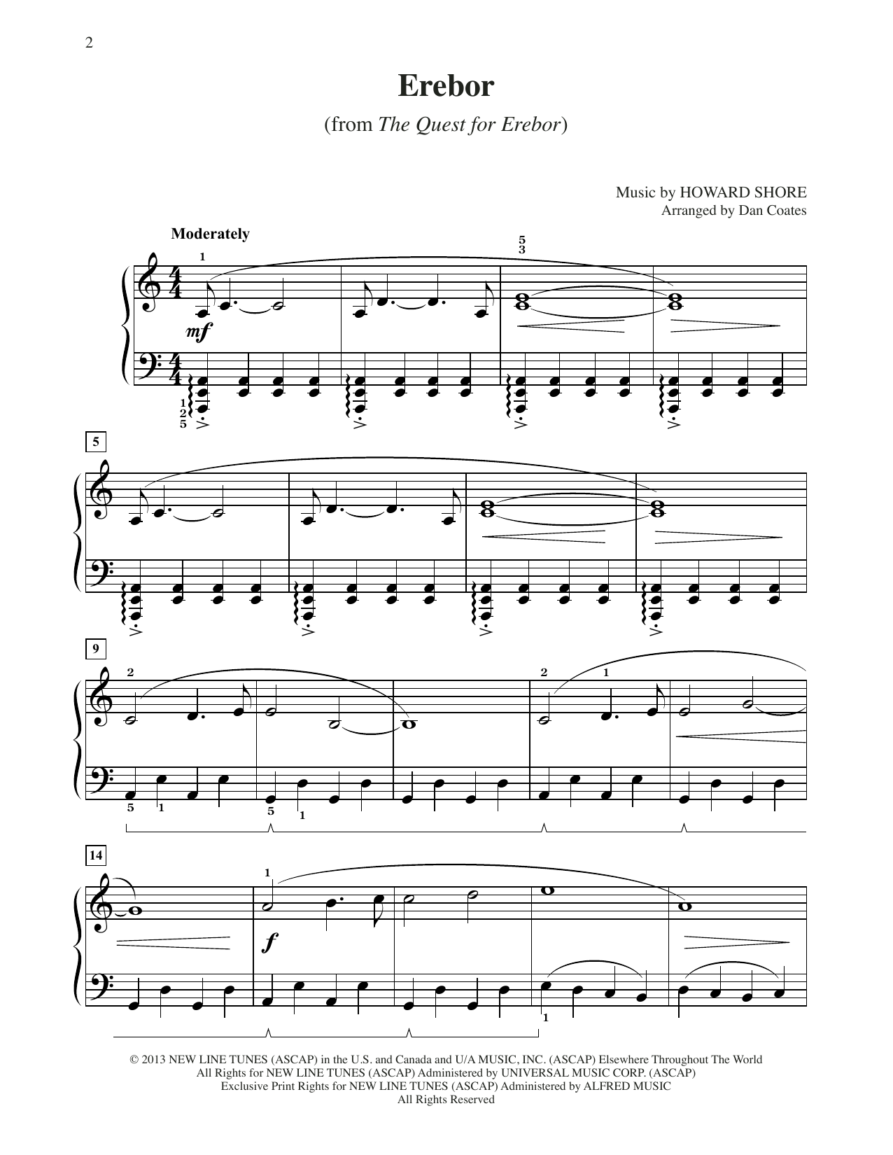 Howard Shore Erebor (from The Hobbit: The Desolation of Smaug) (arr. Dan Coates) sheet music notes and chords arranged for Easy Piano