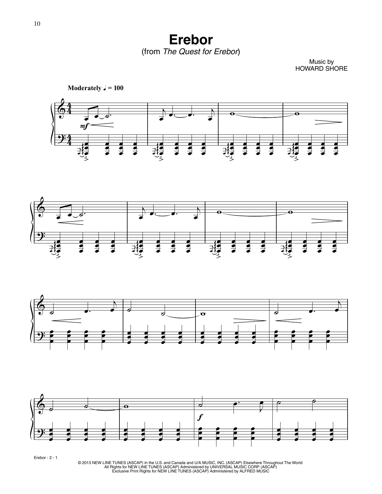 Howard Shore Erebor (from The Hobbit: The Desolation of Smaug) sheet music notes and chords arranged for Piano Solo