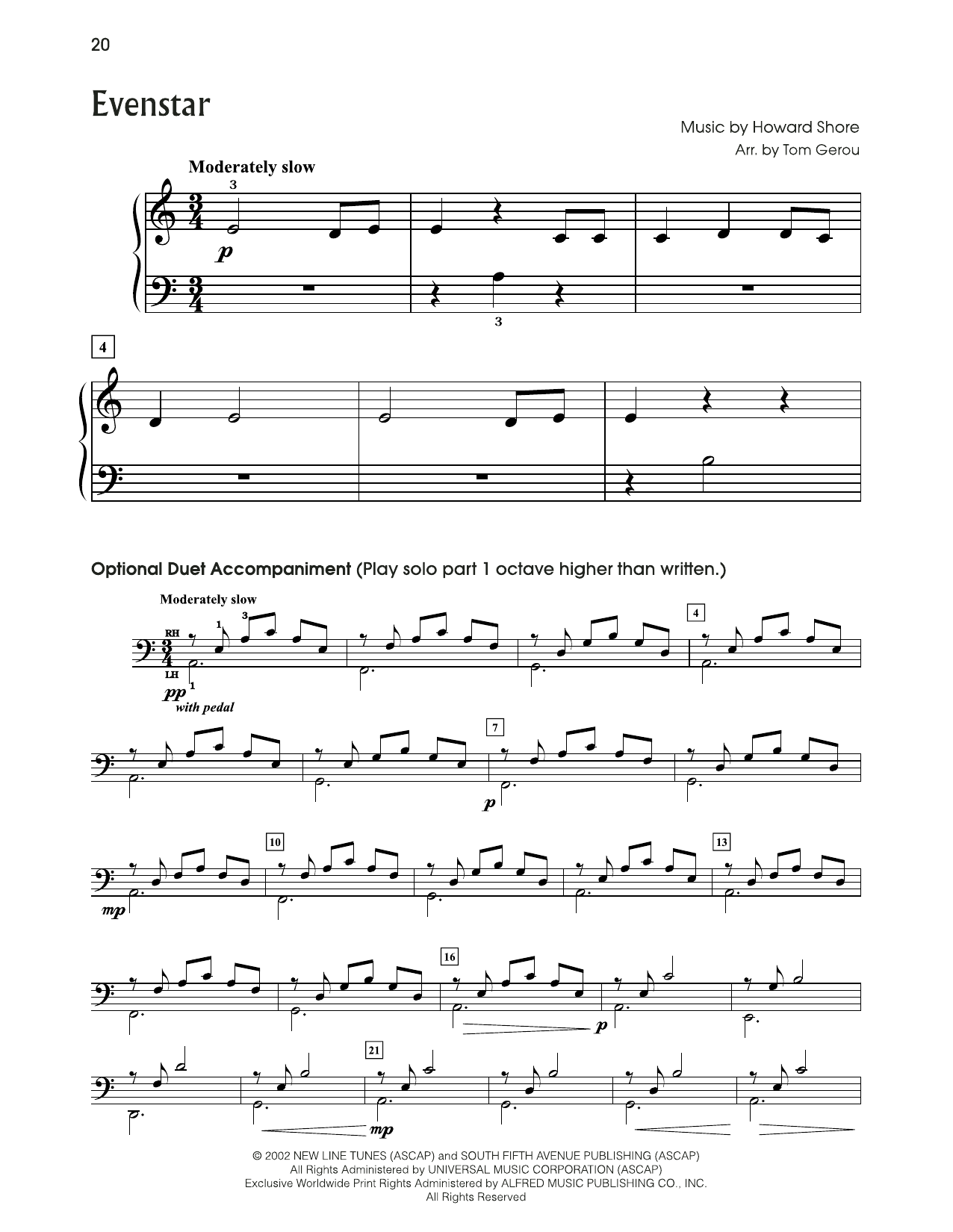 Howard Shore Evenstar (from The Lord Of The Rings) (arr. Tom Gerou) sheet music notes and chords arranged for 5-Finger Piano