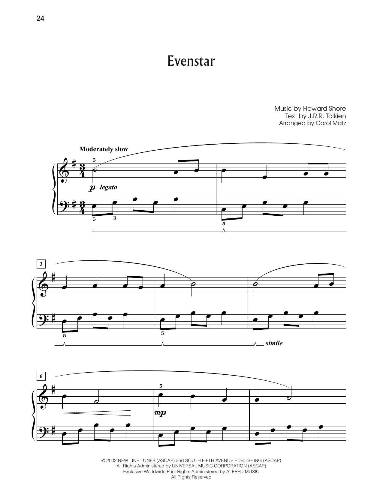 Howard Shore Evenstar (from The Lord Of The Rings: The Two Towers) (arr. Carol Matz) sheet music notes and chords arranged for Big Note Piano