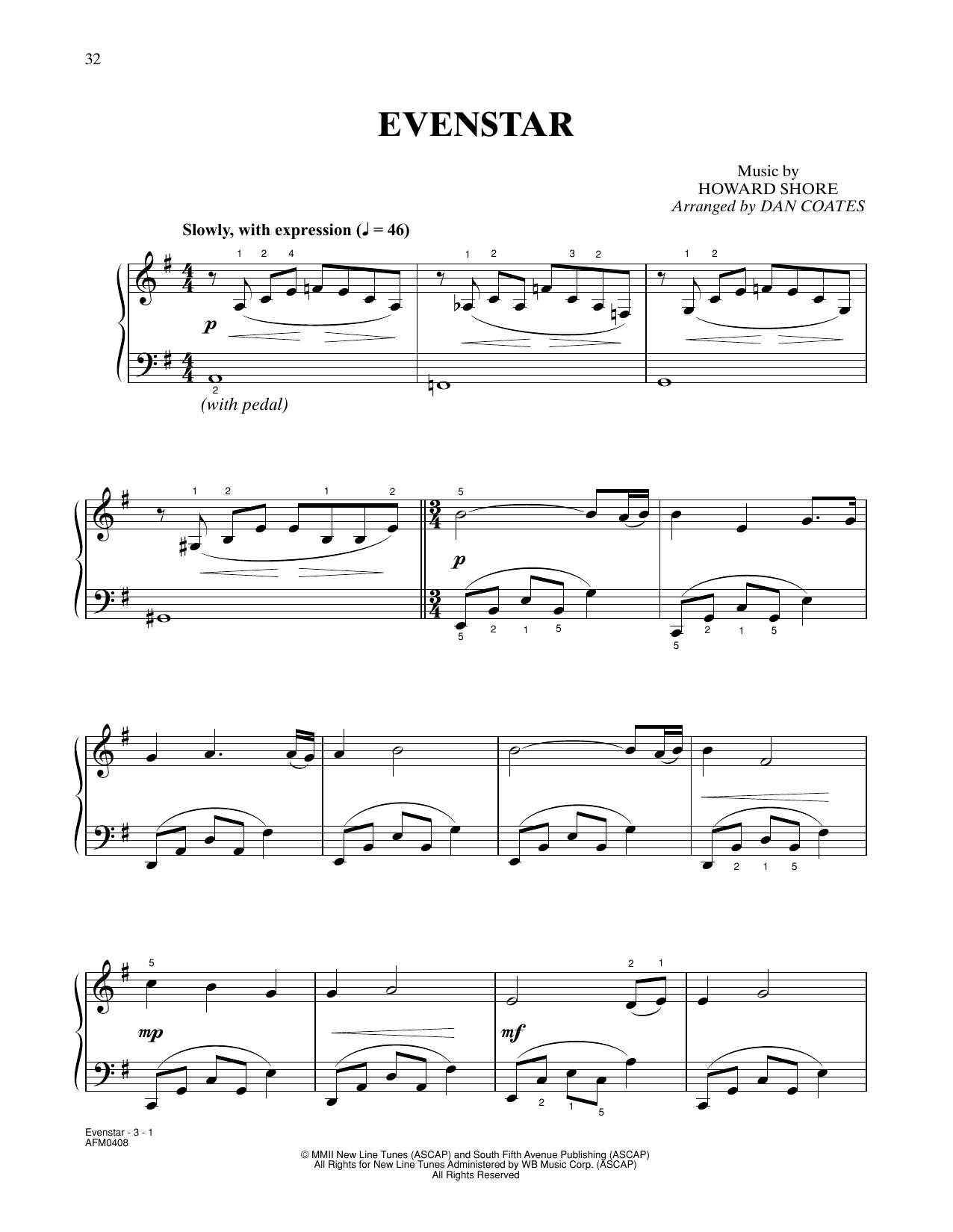 Howard Shore Evenstar (from The Lord Of The Rings: The Two Towers) (arr. Dan Coates) sheet music notes and chords arranged for Easy Piano