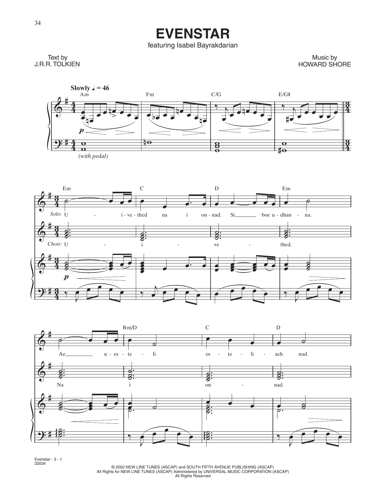 Howard Shore Evenstar (from The Lord Of The Rings: The Two Towers) sheet music notes and chords arranged for Piano & Vocal
