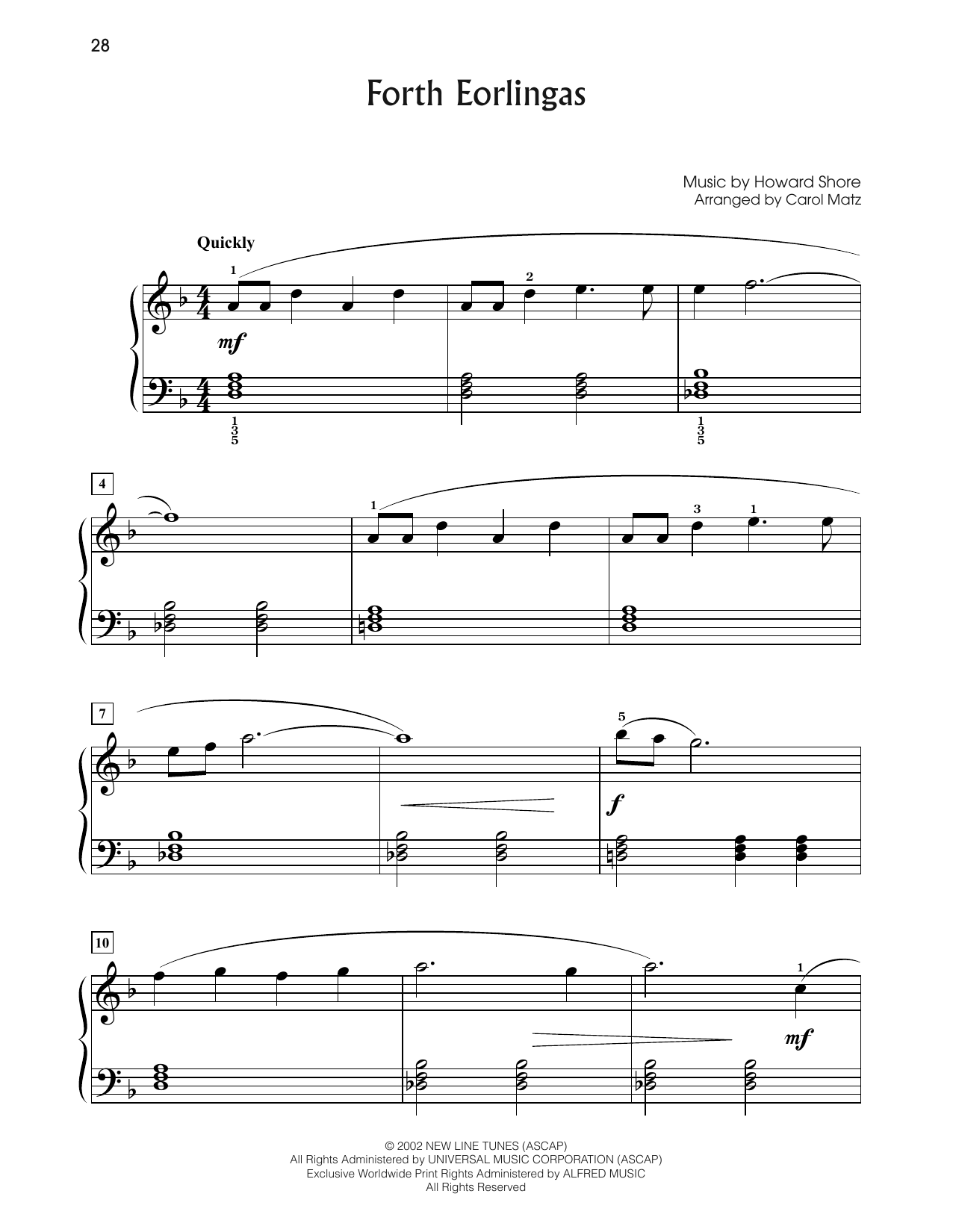 Howard Shore Forth Eorlingas (from The Lord Of The Rings: The Two Towers) (arr. Carol Matz) sheet music notes and chords arranged for Big Note Piano