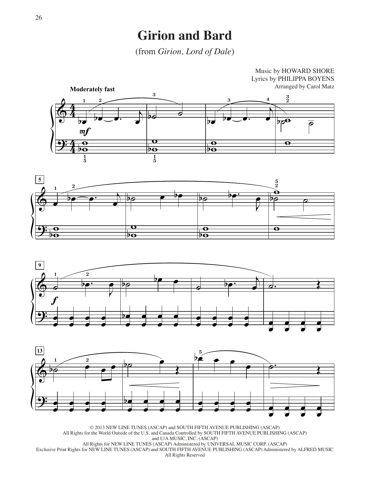 Howard Shore Girion And Bard (from The Hobbit: The Desolation of Smaug) (arr. Carol Matz) sheet music notes and chords arranged for Big Note Piano