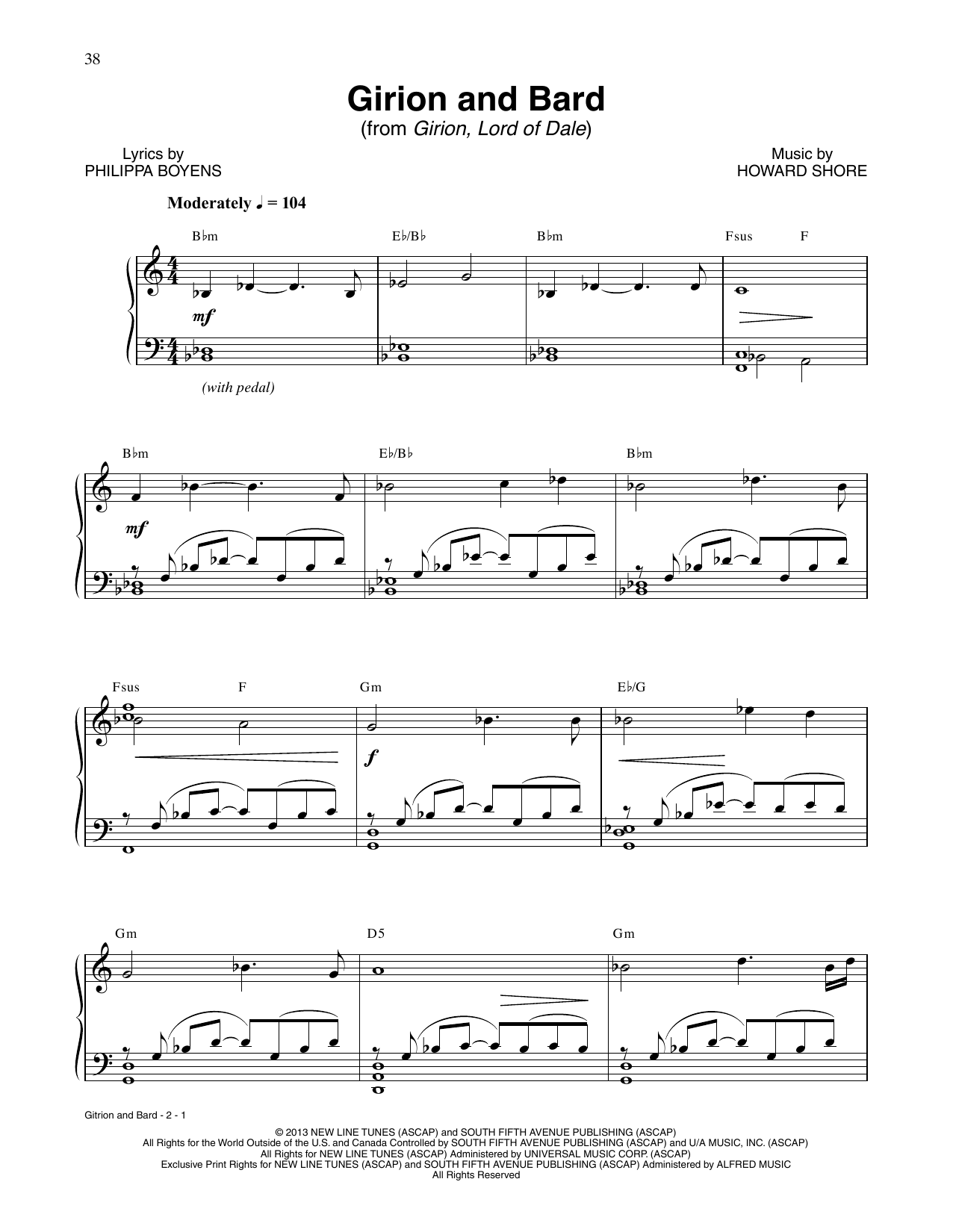 Howard Shore Girion And Bard (from The Hobbit: The Desolation of Smaug) sheet music notes and chords arranged for Piano Solo