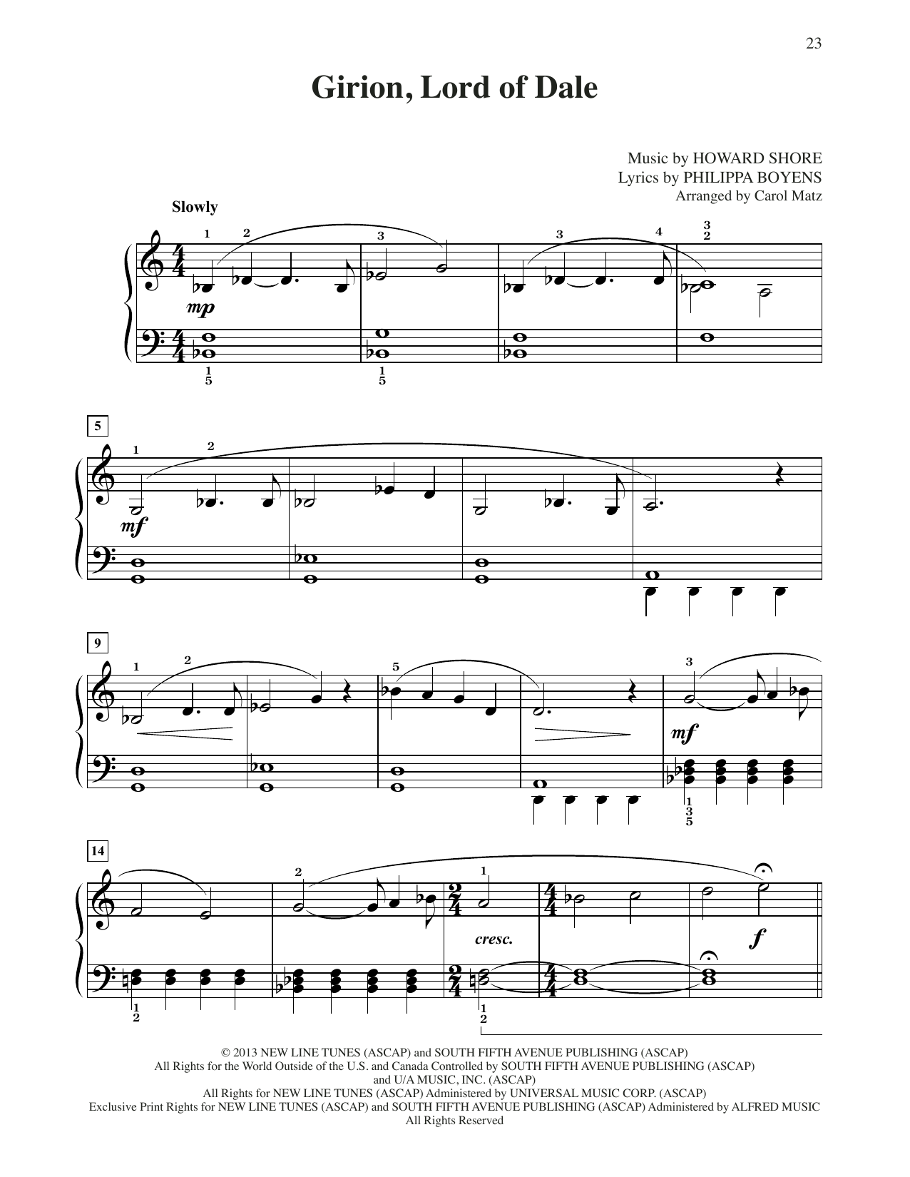 Howard Shore Girion, Lord Of Dale (from The Hobbit: The Desolation of Smaug) (arr. Carol Matz) sheet music notes and chords arranged for Big Note Piano