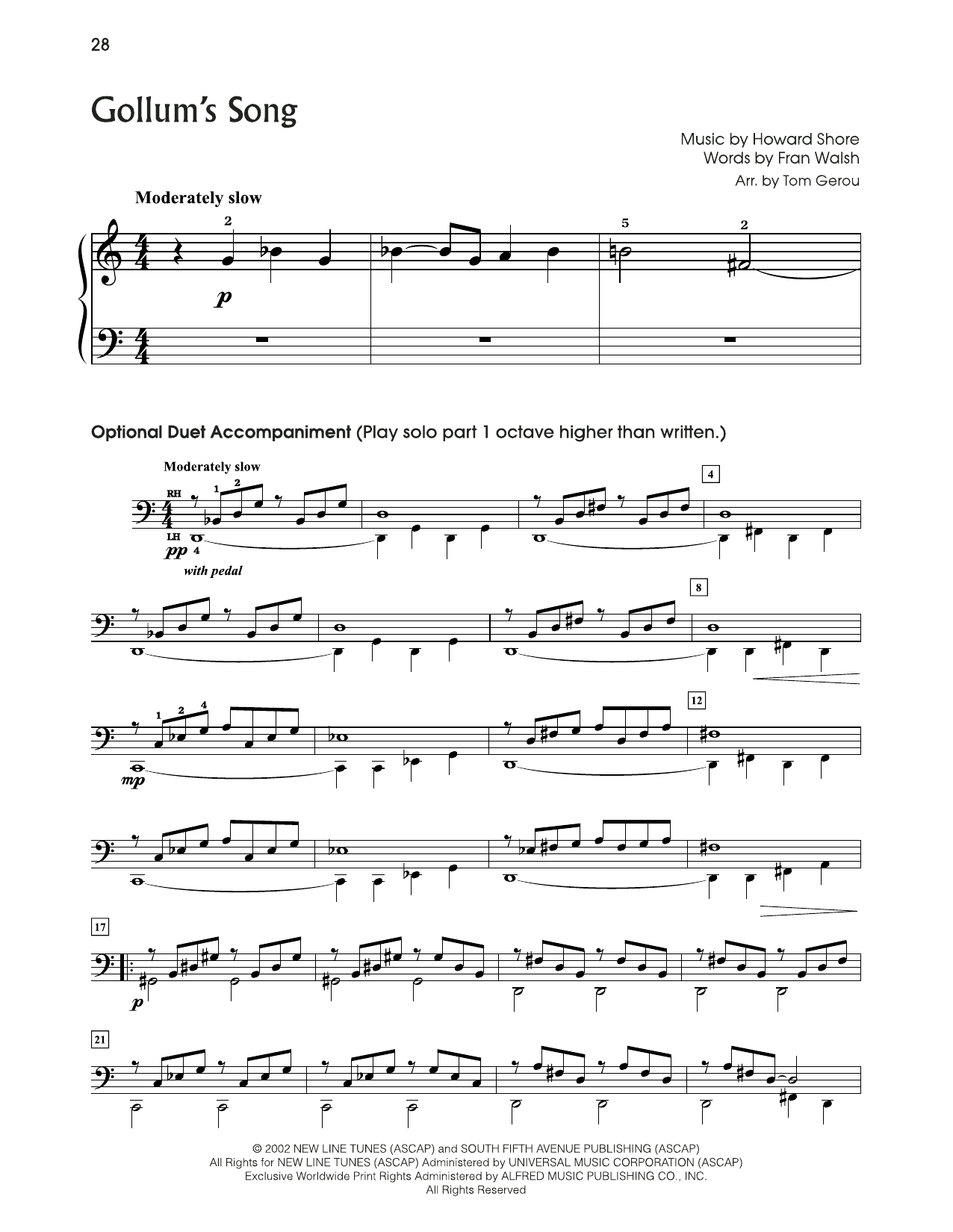 Howard Shore Gollum's Song (from The Lord Of The Rings) (arr. Tom Gerou) sheet music notes and chords arranged for 5-Finger Piano