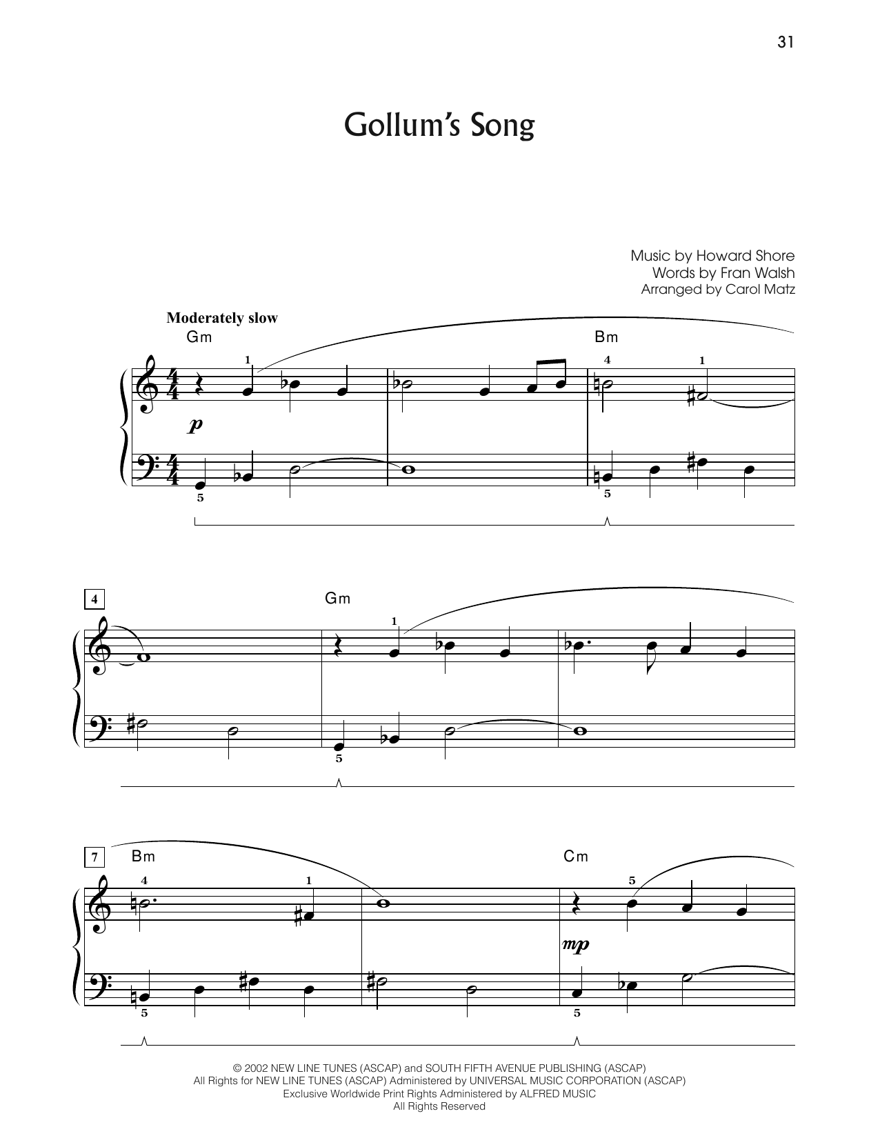 Howard Shore Gollum's Song (from The Lord Of The Rings: The Two Towers) (arr. Carol Matz) sheet music notes and chords arranged for Big Note Piano