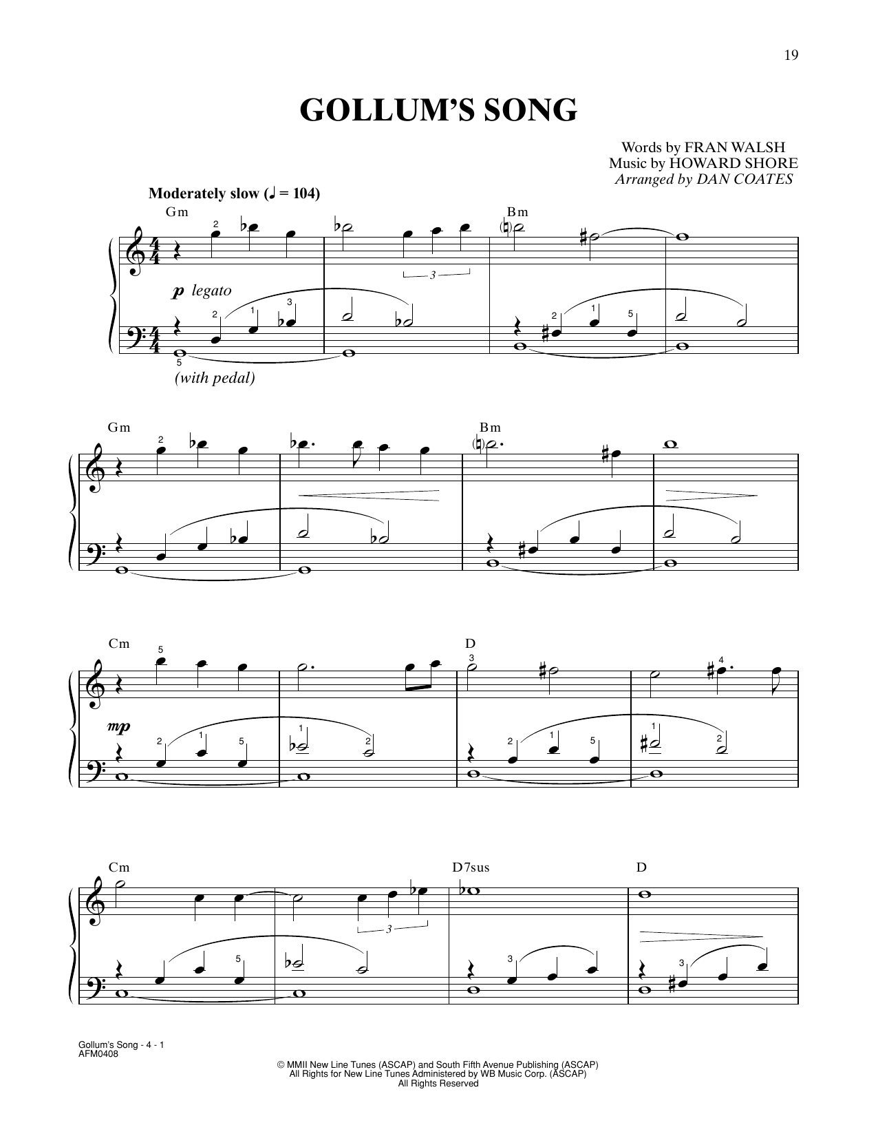 Howard Shore Gollum's Song (from The Lord Of The Rings: The Two Towers) (arr. Dan Coates) sheet music notes and chords arranged for Easy Piano