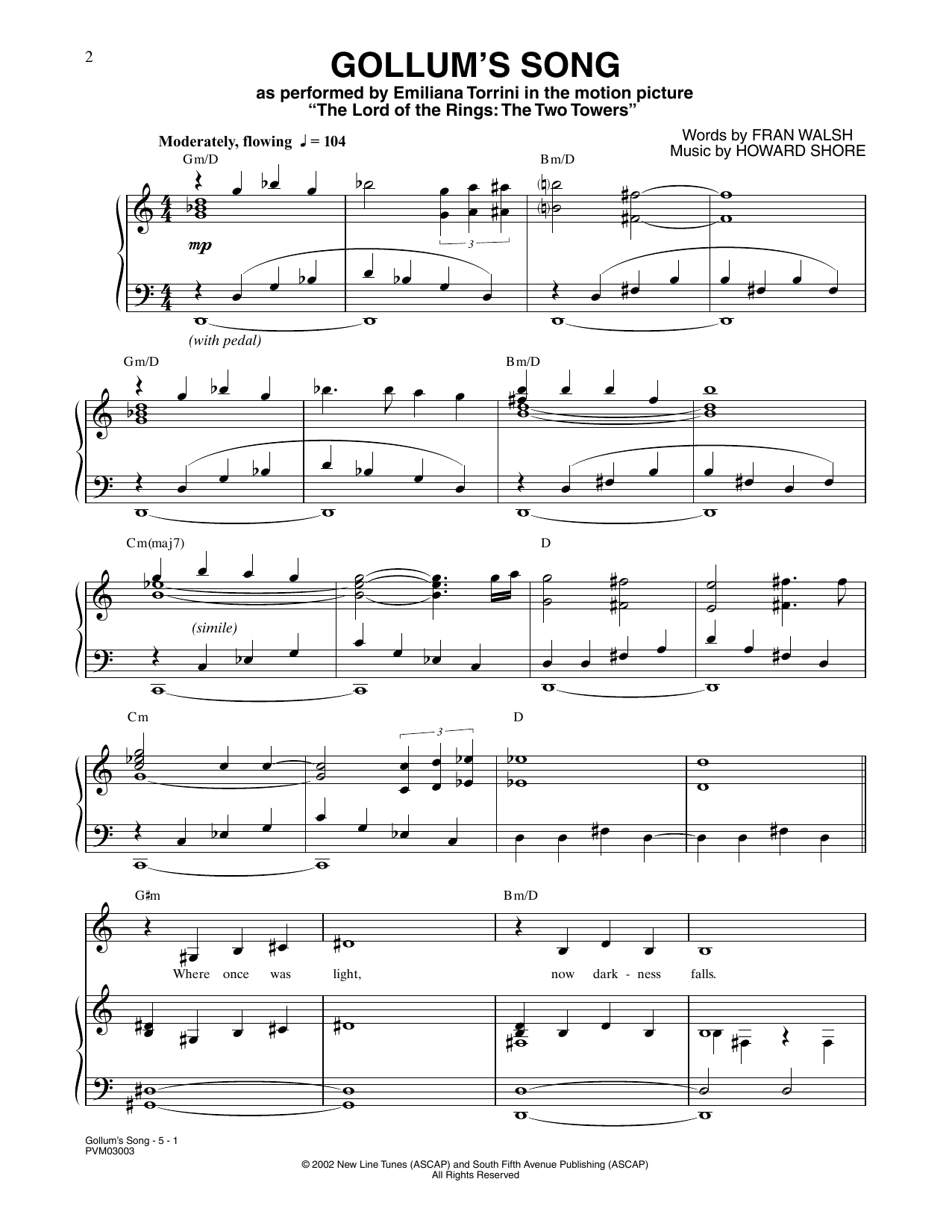 Howard Shore Gollum's Song (from The Lord Of The Rings: The Two Towers) sheet music notes and chords arranged for Piano, Vocal & Guitar Chords (Right-Hand Melody)
