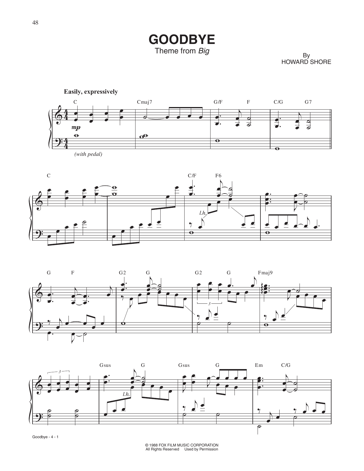Howard Shore Goodbye (Theme from BIG) sheet music notes and chords arranged for Piano Solo