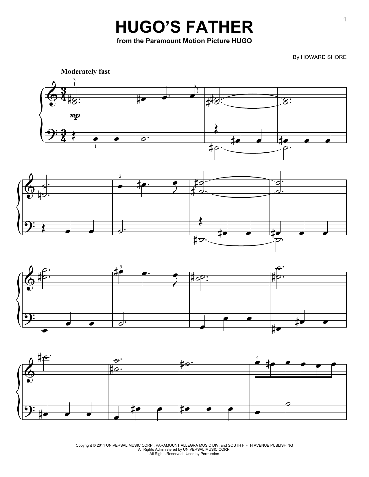 Howard Shore Hugo's Father (from Hugo) sheet music notes and chords arranged for Easy Piano