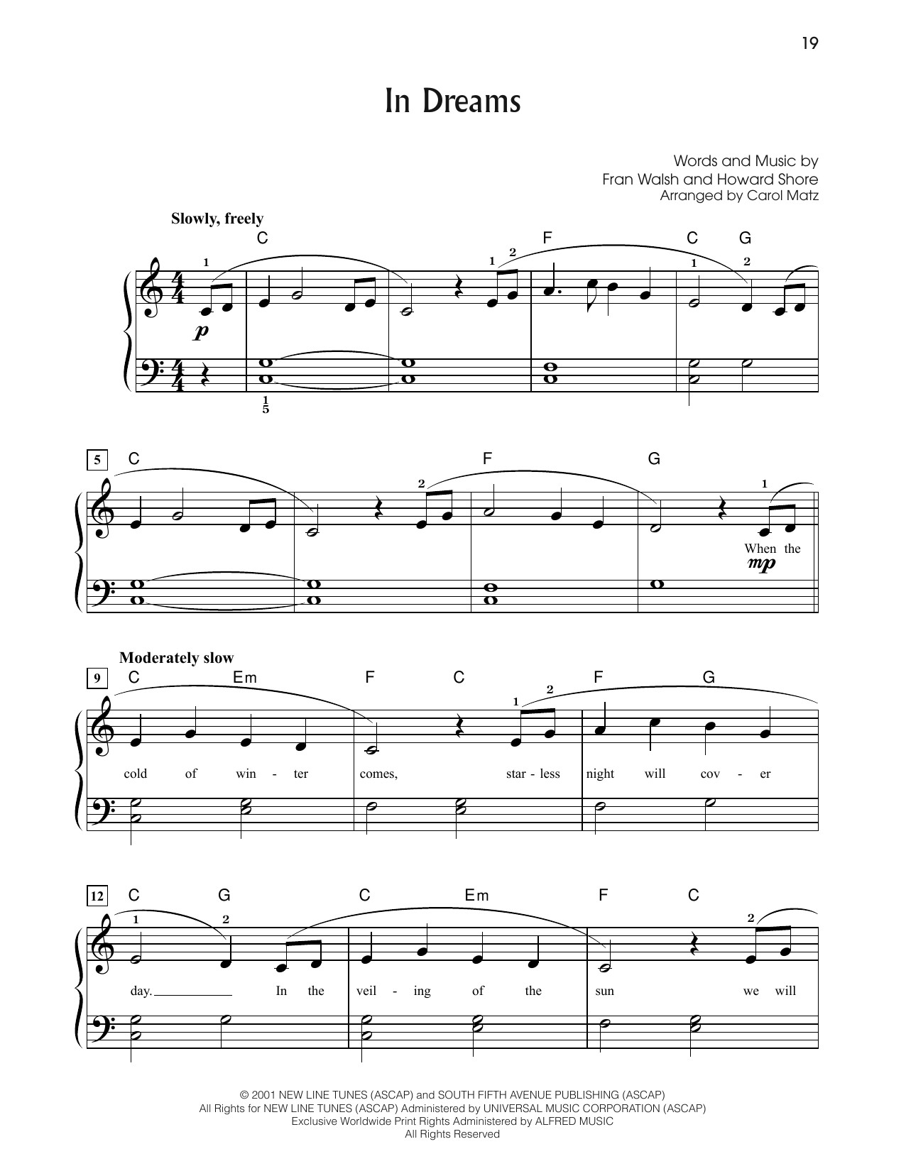 Howard Shore In Dreams (from The Lord Of The Rings: The Fellowship Of The Ring) (arr. Carol Matz) sheet music notes and chords arranged for Big Note Piano