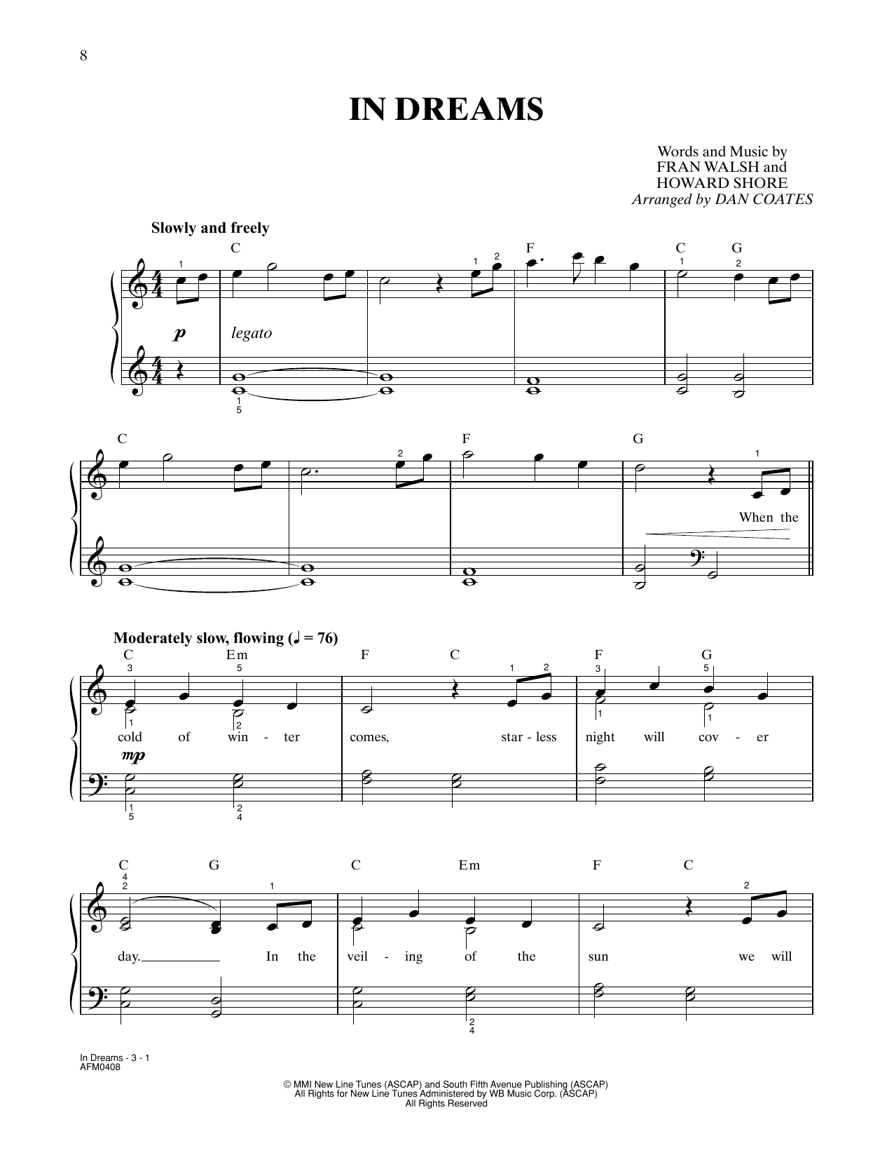 Howard Shore In Dreams (from The Lord Of The Rings: The Fellowship Of The Ring) (arr. Dan Coates) sheet music notes and chords arranged for Easy Piano