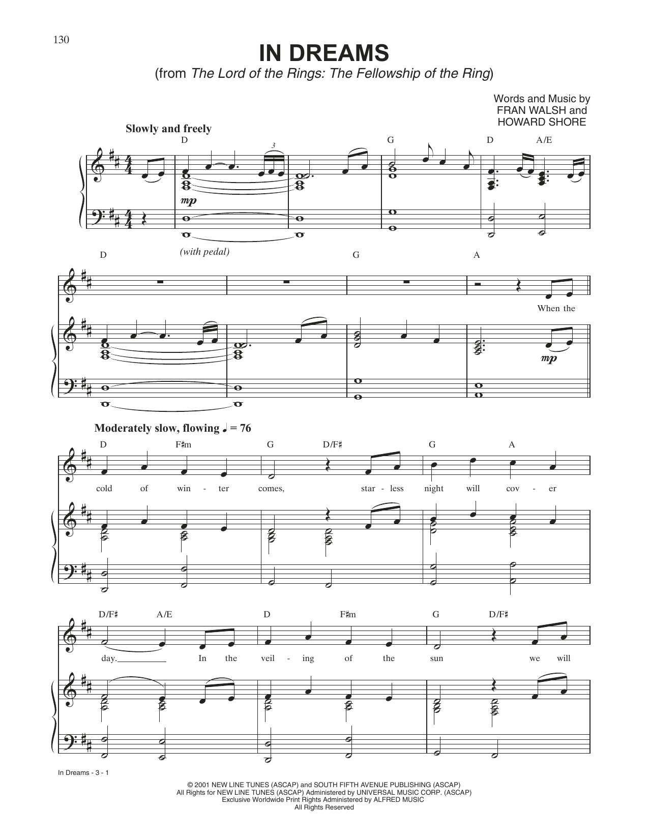 Howard Shore In Dreams (from The Lord Of The Rings: The Fellowship Of The Ring) sheet music notes and chords arranged for Piano & Vocal