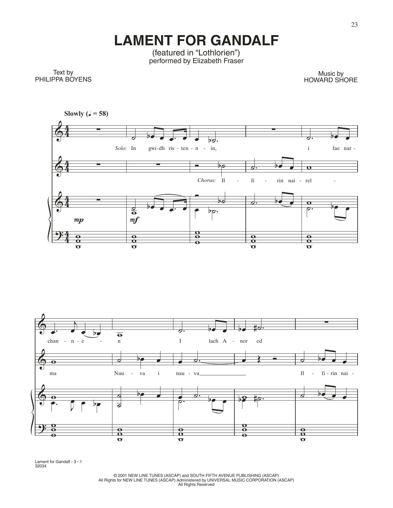 Howard Shore Lament For Gandalf (from The Lord Of The Rings: The Fellowship Of The Ring) sheet music notes and chords arranged for Piano & Vocal