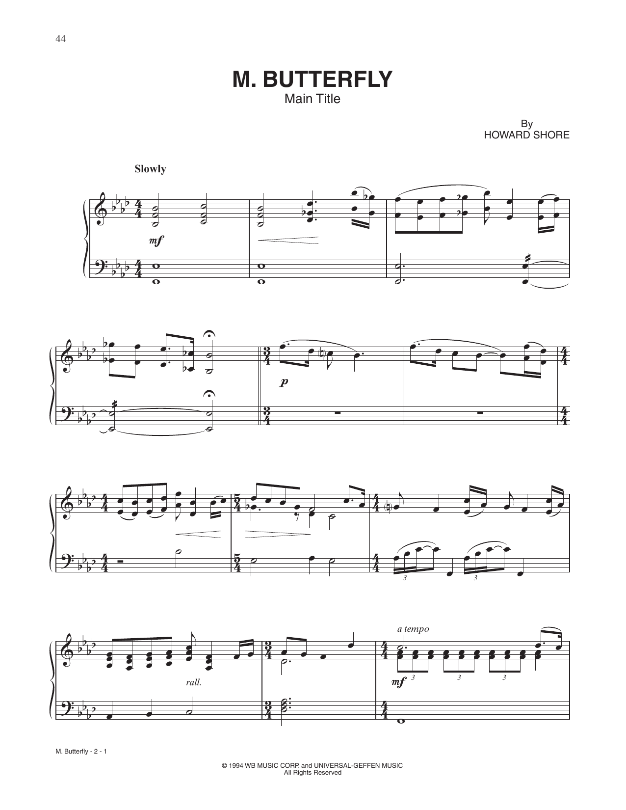 Howard Shore M. Butterfly (Main Title Theme) sheet music notes and chords arranged for Piano Solo