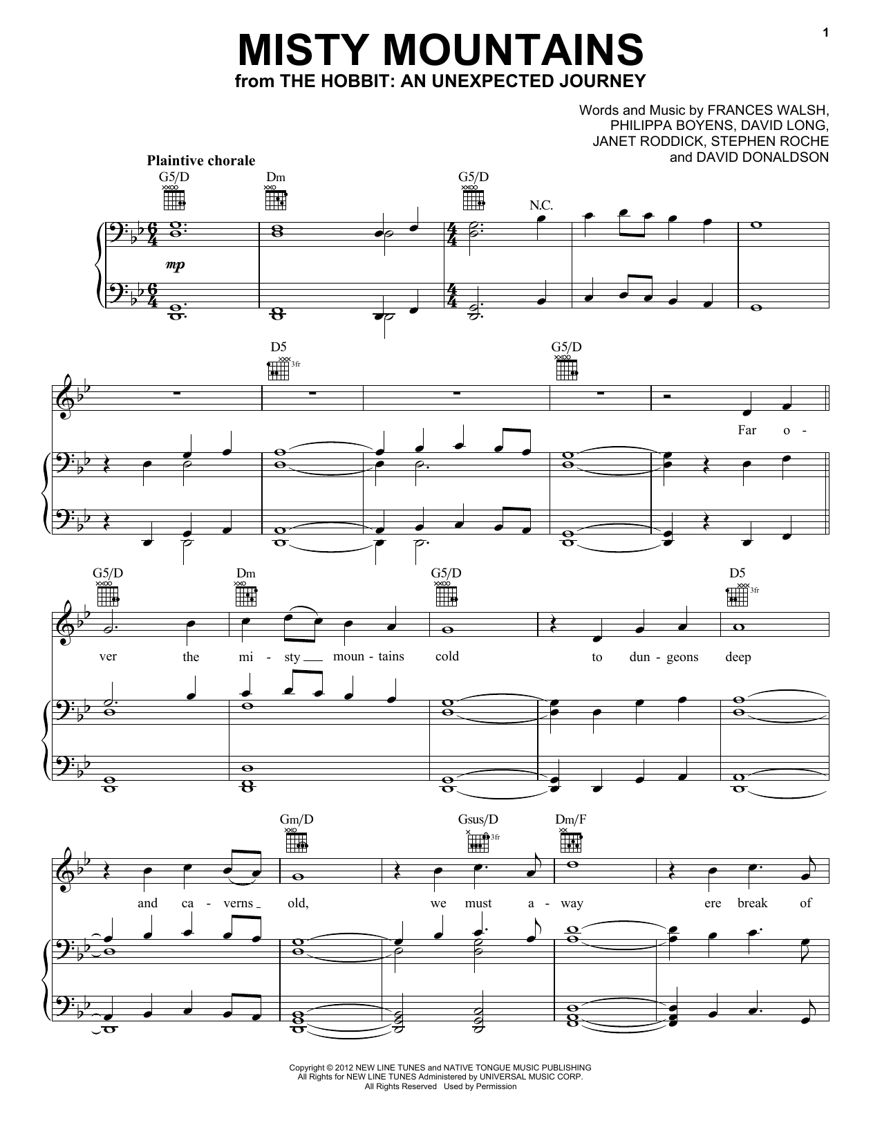 Howard Shore Misty Mountains (from The Hobbit: An Unexpected Journey) sheet music notes and chords arranged for Piano, Vocal & Guitar Chords (Right-Hand Melody)