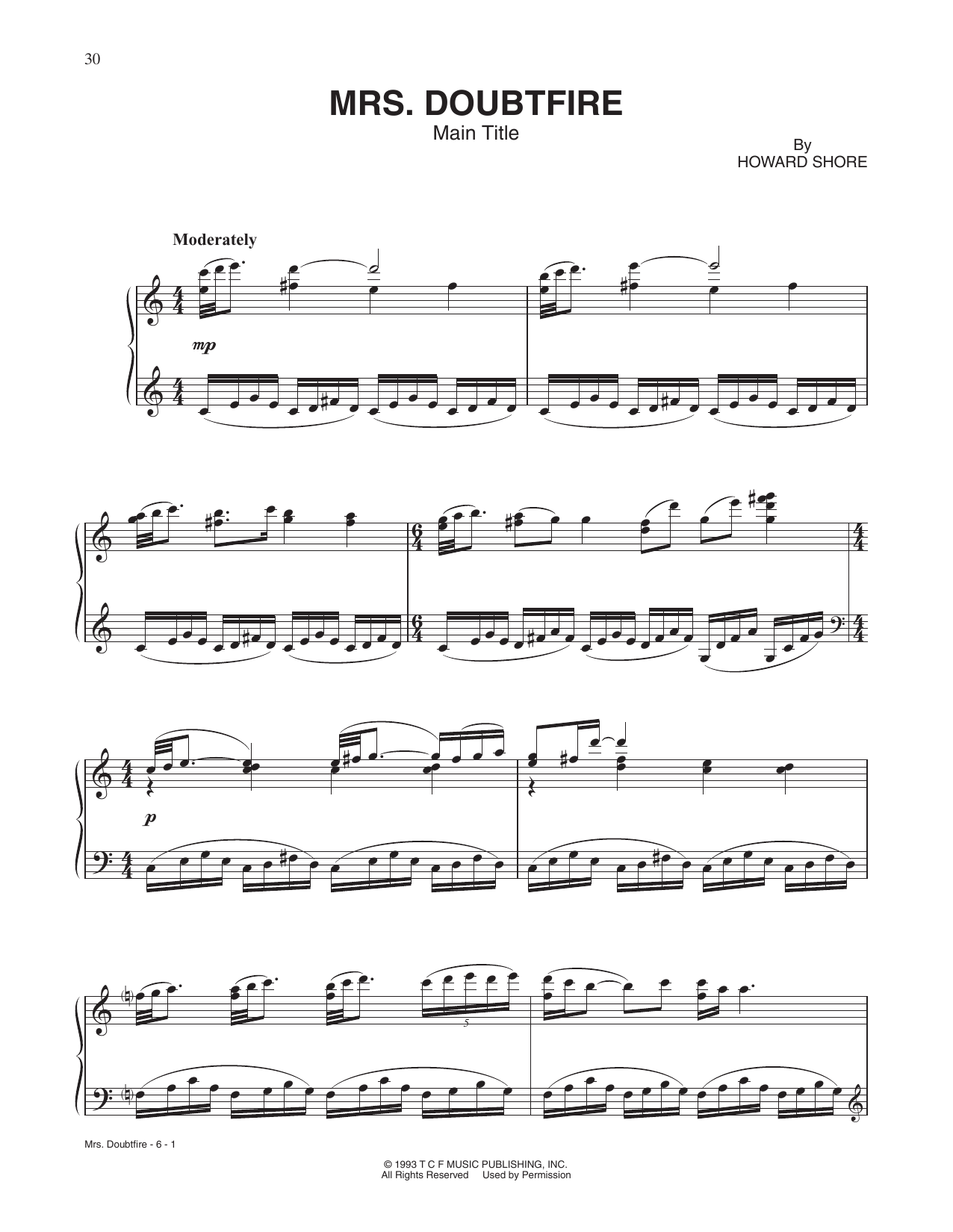 Howard Shore Mrs. Doubtfire (Main Title) sheet music notes and chords arranged for Piano Solo