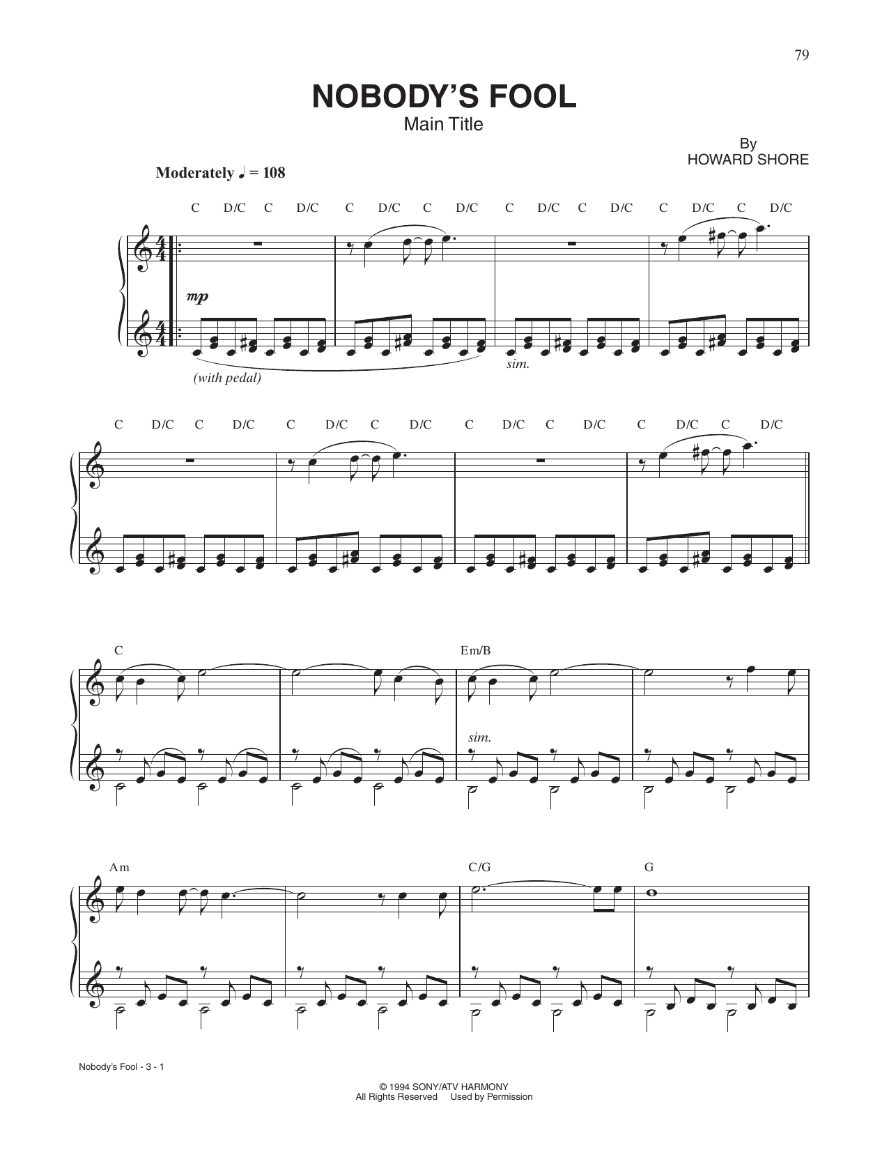 Howard Shore Nobody's Fool (Main Title) sheet music notes and chords arranged for Piano Solo