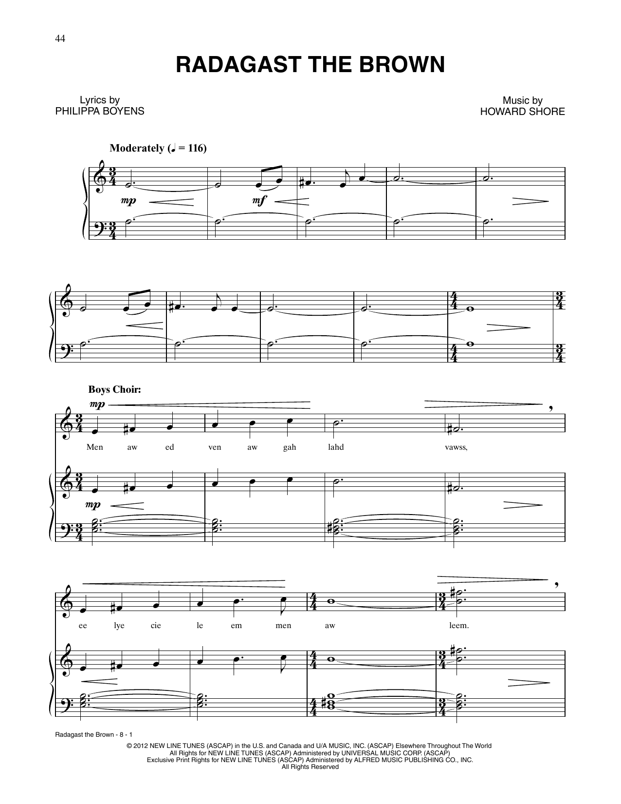 Howard Shore Radagast The Brown (from The Hobbit: An Unexpected Journey) sheet music notes and chords arranged for Piano & Vocal