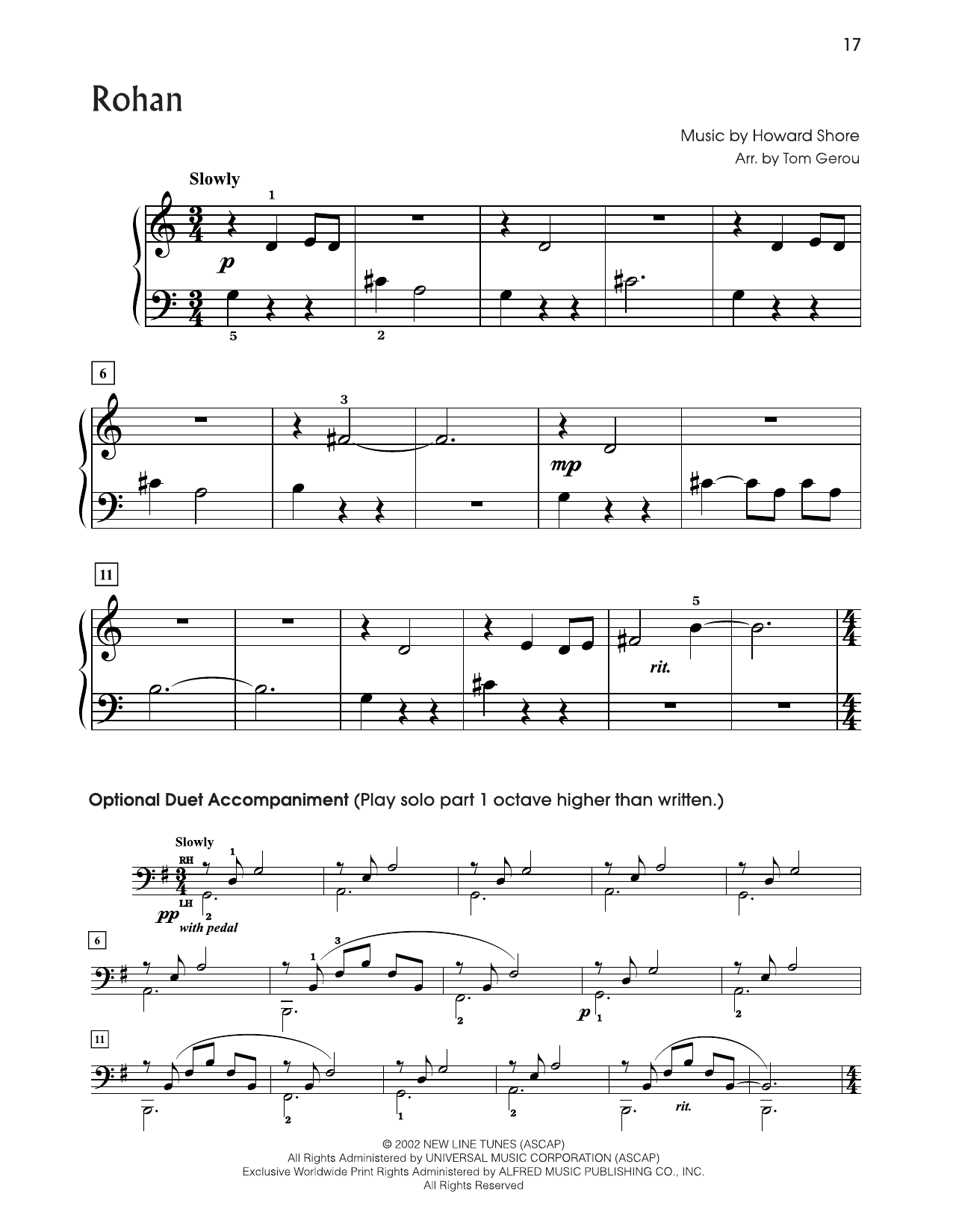 Howard Shore Rohan (from The Lord Of The Rings) (arr. Tom Gerou) sheet music notes and chords arranged for 5-Finger Piano
