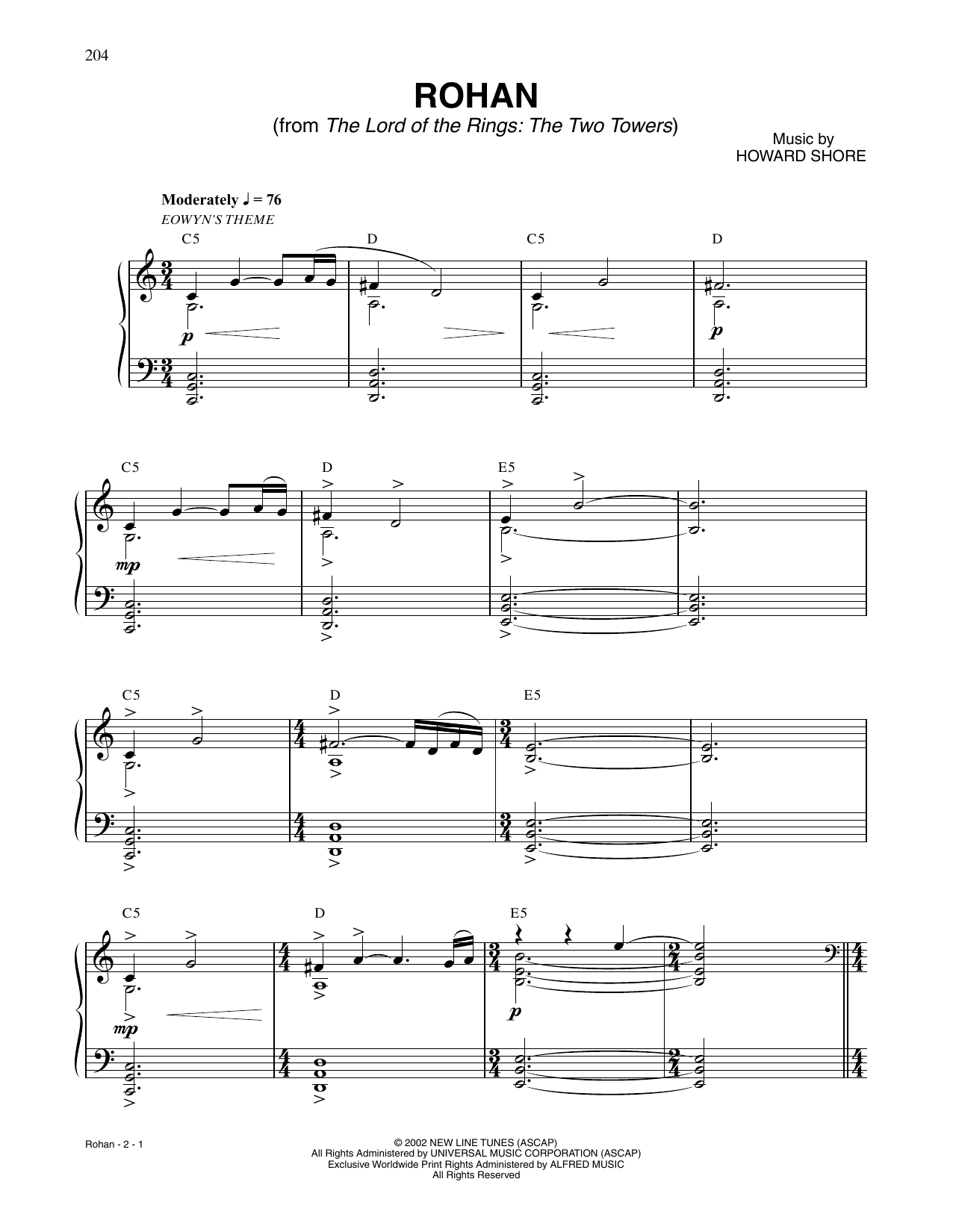 Howard Shore Rohan (from The Lord Of The Rings: The Two Towers) sheet music notes and chords arranged for Piano Solo