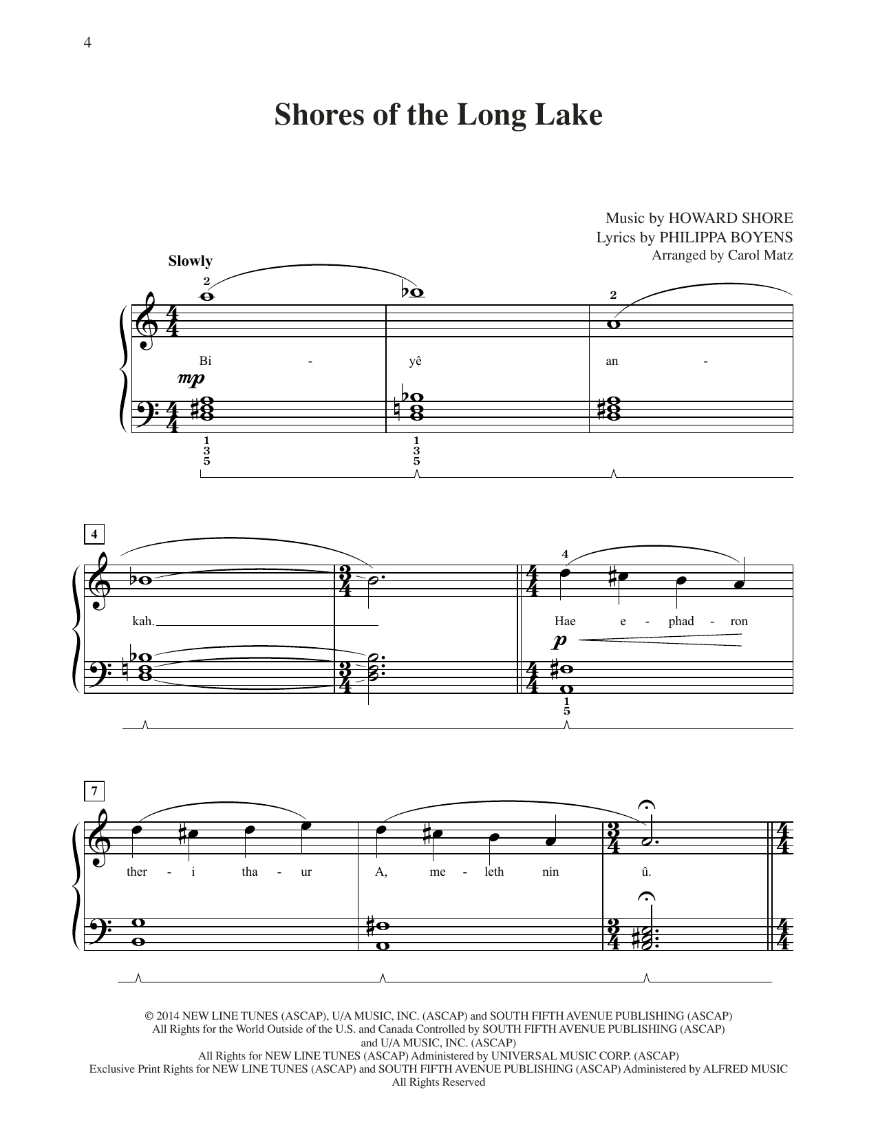 Howard Shore Shores Of The Long Lake (from The Hobbit: The Battle of the Five Armies) (arr. Carol Matz) sheet music notes and chords arranged for Big Note Piano