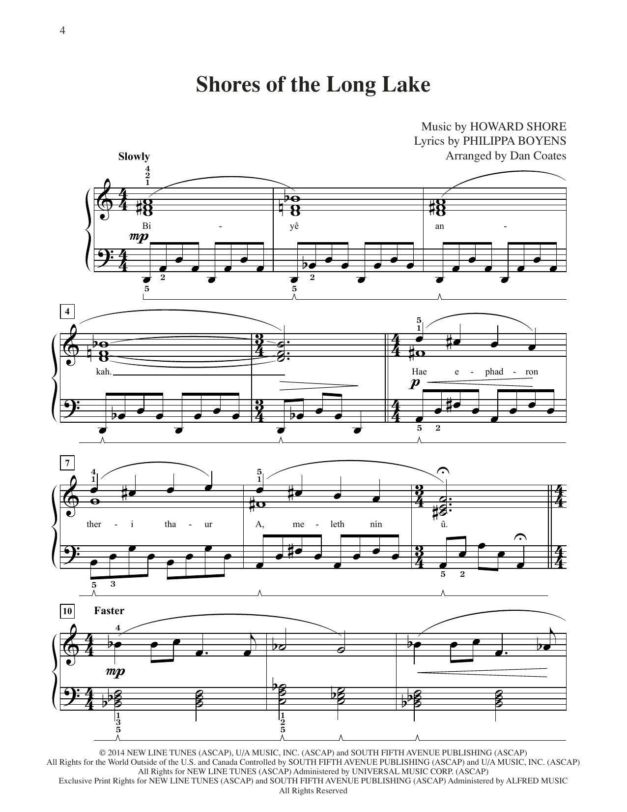 Howard Shore Shores Of The Long Lake (from The Hobbit: The Battle of the Five Armies) (arr. Dan Coates) sheet music notes and chords arranged for Easy Piano